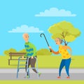 Aged People Walking in Park, Pensioner Vector Royalty Free Stock Photo