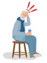 An elderly man got sick. Old man holds his hand on head. Dizziness and severe headache. Disease treatment. Migraine