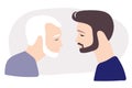 Elderly man with gray hair and wrinkles and his adult son. Flat vector illuctration. Caucasian Portraits in profile