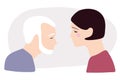 Elderly man with gray hair and wrinkles and his daughter. Flat vector illuctration. Caucasian Portraits in profile