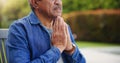 Elderly, man or hands praying outdoor for religion, worship and support for jesus christ in garden of home. Senior Royalty Free Stock Photo