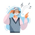 Elderly man with headphones listening music, old male character with beard and glasses Royalty Free Stock Photo