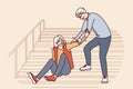 Elderly man helps fallen gray-haired old woman up while descending street staircase