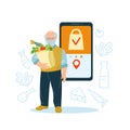 An elderly man holds a bag of groceries. Smartphone. Online grocery ordering and delivery concept. Vector illustration in flat Royalty Free Stock Photo