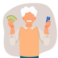 Elderly man holds cash and debit card in his hands.