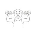 Elderly man lifts dumbbells, fitness sport.Vector illustration.Linear silhouette on a white background Royalty Free Stock Photo