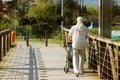 An elderly man with long, gray, athletic build hair walks with a child in a pram over a bridge. Activity in old age. Lessons for