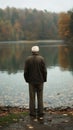 Elderly man looking out over a tranquil lake in autumn Royalty Free Stock Photo