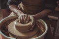 Elderly man making pot using pottery wheel in studio. Close-up. Royalty Free Stock Photo