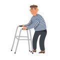 Elderly man. Old man character with paddle walker on white background. Senior man flat Vector illustration.