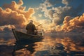 Elderly man peacefully navigating a rustic wooden boat across a serene lake. Ai generated Royalty Free Stock Photo