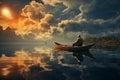 Elderly man peacefully navigating a rustic wooden boat across a serene lake. Ai generated Royalty Free Stock Photo