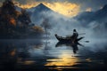 Elderly man peacefully navigating a rustic wooden boat across a serene lake. Ai generated Royalty Free Stock Photo