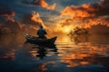 Elderly man peacefully navigating a rustic wooden boat across a serene lake. Ai generated Royalty Free Stock Photo