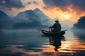 Elderly man peacefully navigating a rustic wooden boat across a serene lake. Ai generated Royalty Free Stock Photo