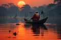 Elderly man peacefully navigating a rustic wooden boat across a serene lake. Ai generated Royalty Free Stock Photo