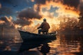 Elderly man peacefully navigating a rustic wooden boat across a serene lake. Ai generated Royalty Free Stock Photo