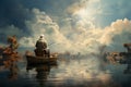 Elderly man peacefully navigating a rustic wooden boat across a serene lake. Ai generated Royalty Free Stock Photo