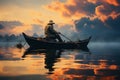 Elderly man peacefully navigating a rustic wooden boat across a serene lake. Ai generated Royalty Free Stock Photo