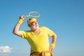 Elderly man playing Badminton. Portrait of healthy senior sport man. Royalty Free Stock Photo