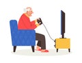 Elderly man playing games on video console, flat vector illustration isolated. Royalty Free Stock Photo