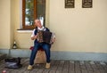 An elderly man playing the russian accordion. Suzdal, Russia