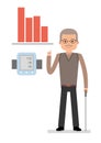 An elderly man points to chart raise blood pressure, close pressure gauge man