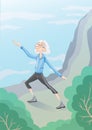 Elderly man practicing Taiji or Wushu gymnastics in nature. Active lifestyle and sport activities in old age. Vector