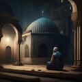 An elderly man at prayer in a mosque at night. Ramadan as a time of fasting and prayer for Muslims