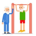 Elderly man pulls up exercising. One senior doing pull-ups, another man stands beside and controls exercises. Physical