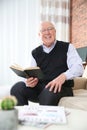 Elderly man reading book in living room Royalty Free Stock Photo