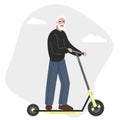 Elderly man riding an electric scooter. Happy active senior character. Flat vector illustration