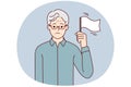 Elderly man with sad face stands showing white flag as sign of lack of strength. Vector image