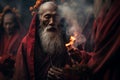 elderly man in sage wisdom in ceremonial fire, ai generated