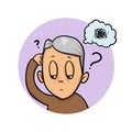 Elderly man scratching his head trying to remember or feeling confused. Confusion, memory loss. Flat design icon. Flat