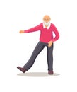 Elderly man senior age person dances squatting.