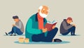 An elderly man sitting alone trying to read a book while being harassed by multiple panic peddlers vying for his Royalty Free Stock Photo