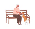 Elderly man sitting on bench outdoors and caress dog. Grandfather play with pet. Aged male character spend time with