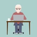 Elderly man sitting front of computer on work table icon Royalty Free Stock Photo