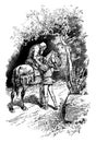 Elderly Man Sitting on Horse with Man Steadying Him, vintage illustration
