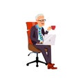 elderly man sitting on office chair, drinking coffee and laughing from funny movie on laptop cartoon vector Royalty Free Stock Photo