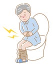 Elderly man suffering from abdominal pain on toilet seat. Diarrhea, constipation, and period pain symptoms. Health care concept