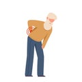 Elderly man suffering from back pain. Grandfather with white beard bending over and holding his back, painkillers