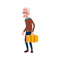 elderly man traveler with luggage on railway station cartoon vector