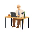 Elderly man using laptop at desk. Person working on a laptop Royalty Free Stock Photo