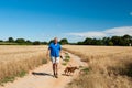 Elderly man is walking the dog Royalty Free Stock Photo