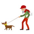 Elderly man walking with his dog. Vector illustration.