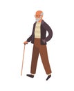 Elderly man walking. Old senior in glasses with stick walks in park, healthy leisure lifestyle for retiree. Flat vector