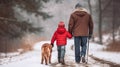 Elderly man walking on a snowy country road with his grandson and golden retriever dog. Generative AI Royalty Free Stock Photo