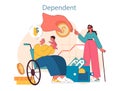 An elderly man in a wheelchair holds a child in his arms, reflecting financial dependence. Flat vector illustration.